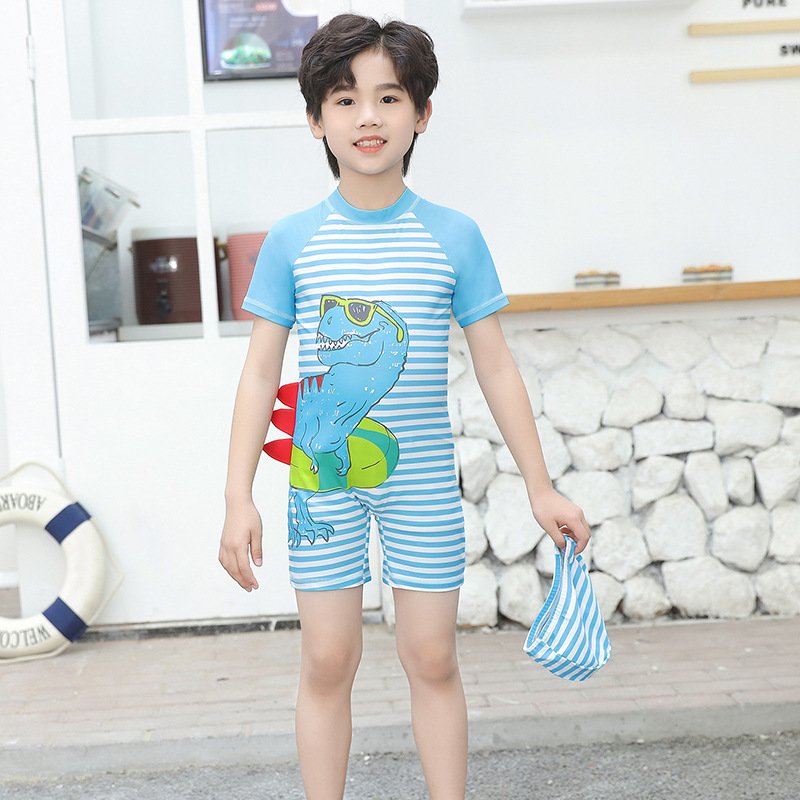 Traje de baño de niño, celeste con rayas blancas y figura de dinosaurio, manga corta y zíper en la parte de atrás