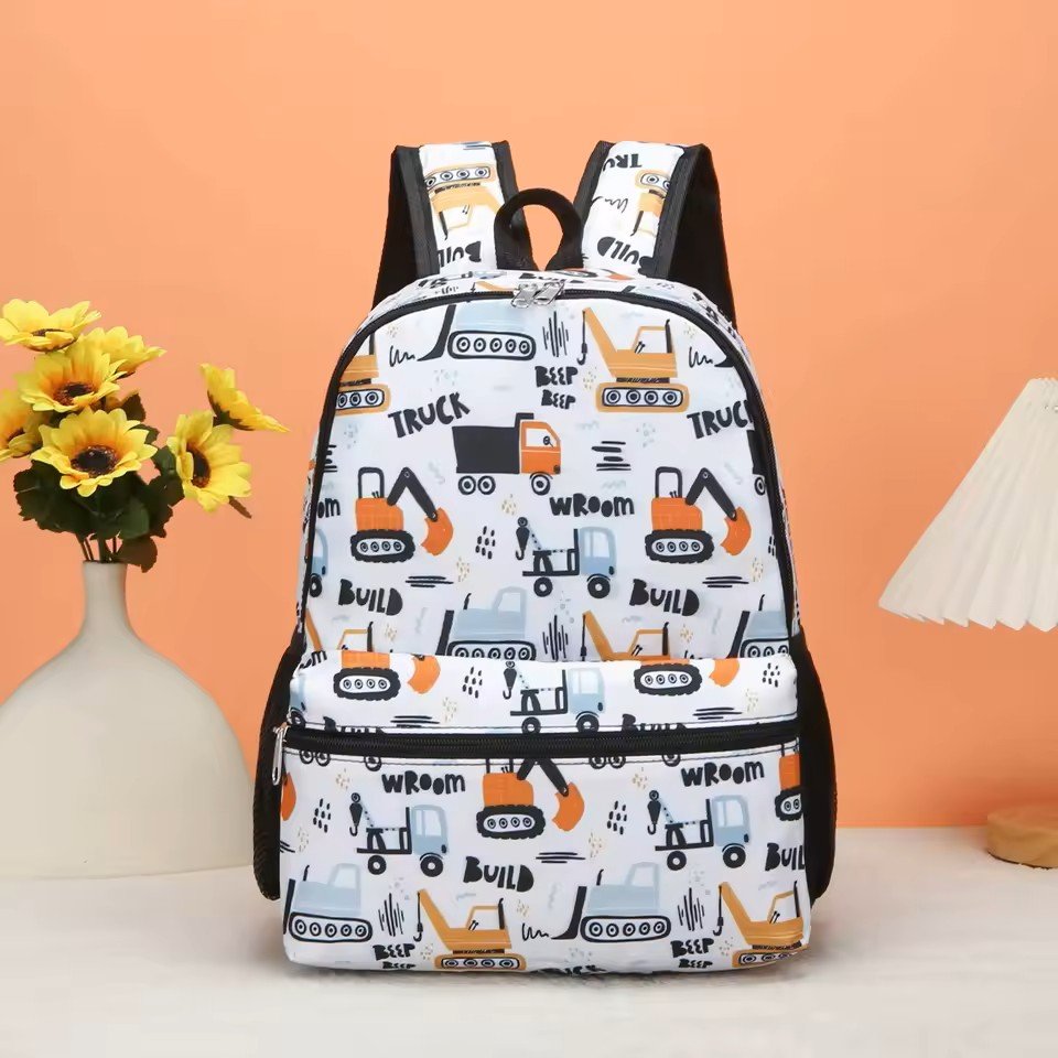 Mochila de maquinarias color blanco, naranja, celeste y negro