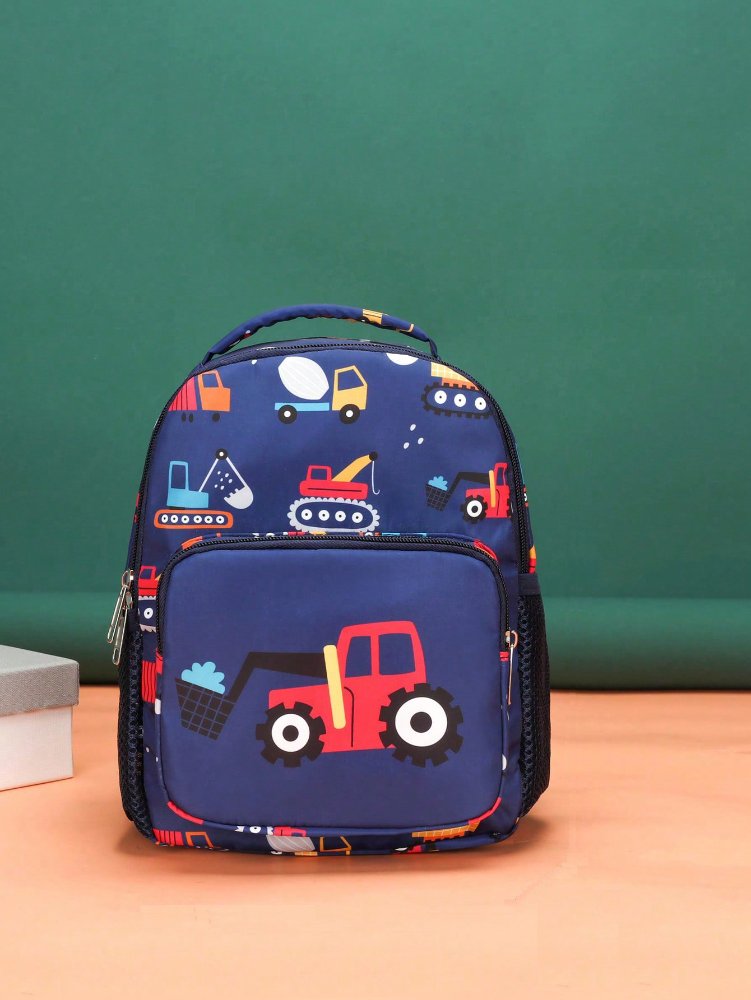 Mochila azul con figuras de maquinarias (aplanadora, tractor, etc)