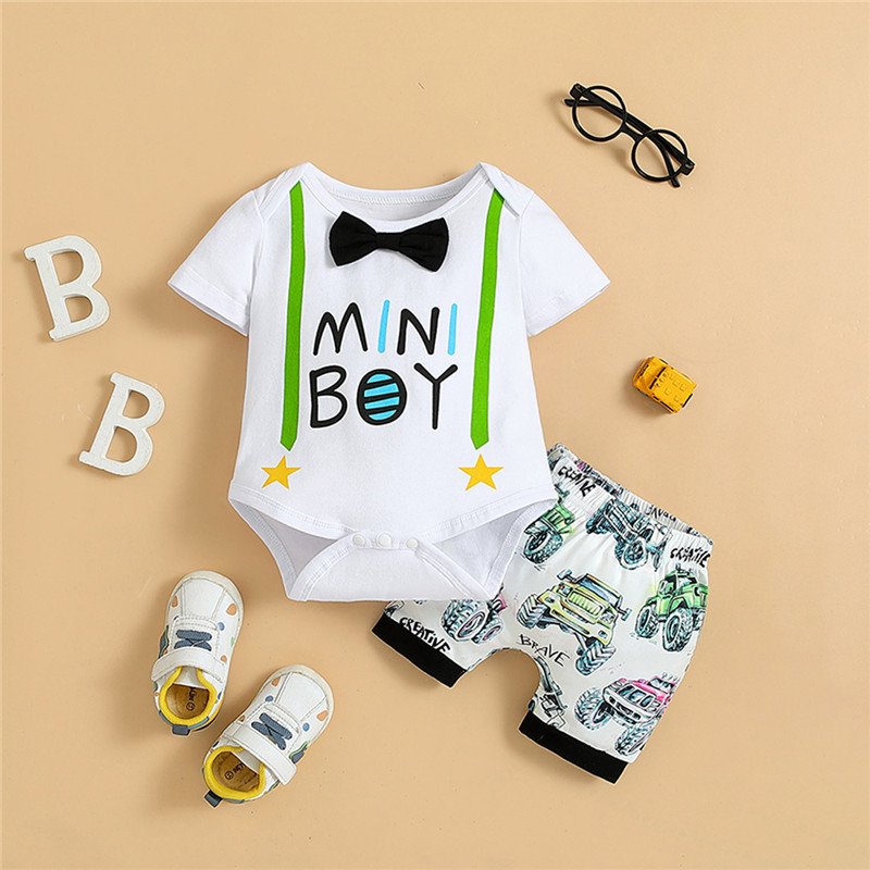Traje de niño, traje de short blanco con dibujo de vehículos y mameluco blanco con MINI BOY