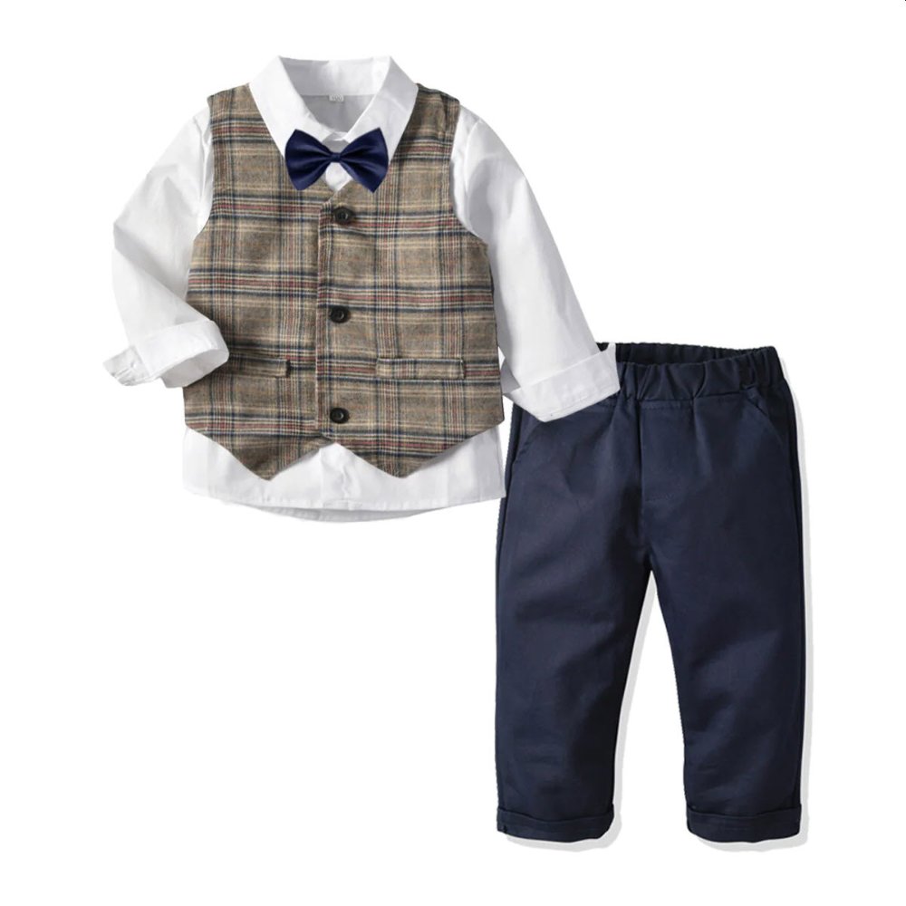 Traje de niño, traje de pantalón azul y chaleco cuadrado café, camisa blanca y corbatín azul
