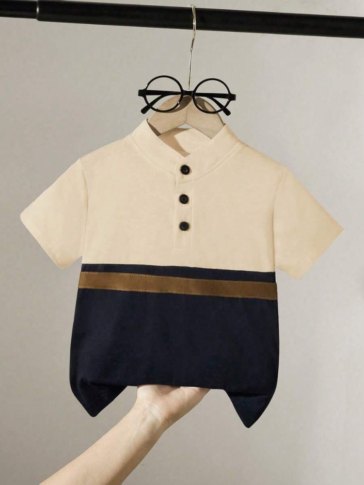 Camisa de niño, camisa tipo polo de manga corta caqui con azul y café