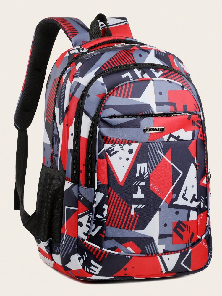 Mochila de figuras geométricas gris, rojo, blanco y negro. Bolsillos en los lados
