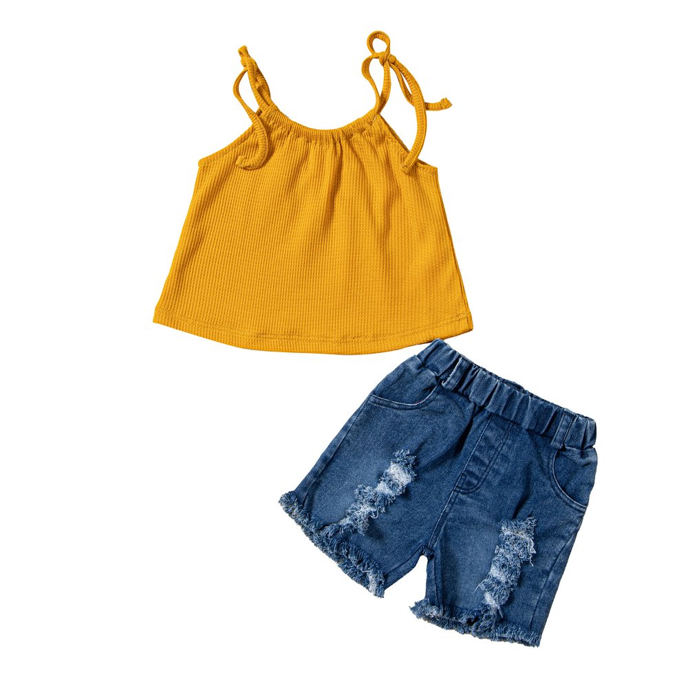 Traje de niña, traje de camisa de tirante color mostaza y short jeans