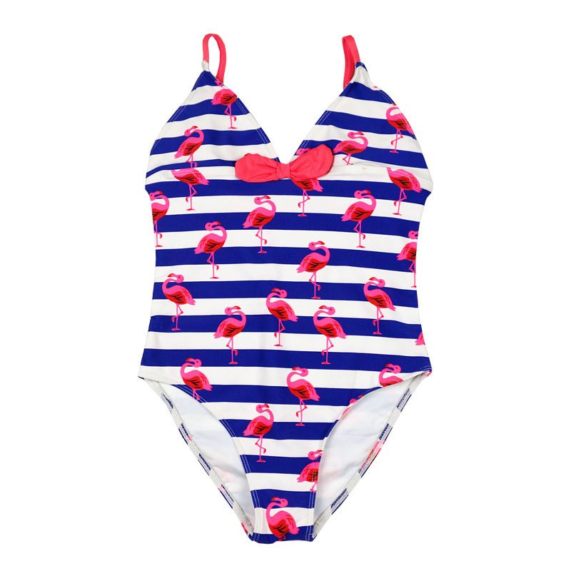 Traje de baño de niña, una pieza, rayado azul con rosado de flamingo
