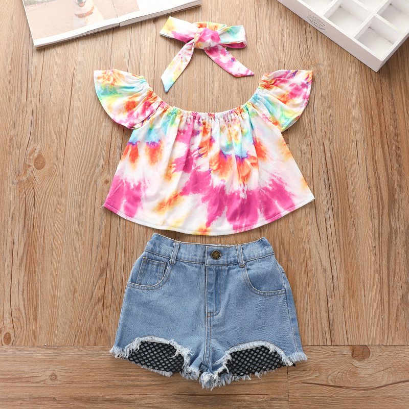 Traje de niña, traje de camisa multicolor, short jeans y cintillo