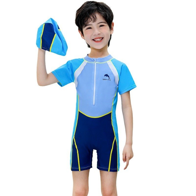 Traje de baño de niño, celeste, azul, acua y costura en amarillo, manga corta y zíper en la parte de adelante