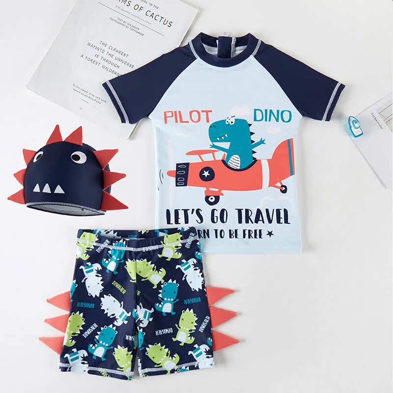 Traje de baño de niño, celeste con mangas azul dibujo de dinosaurio en avión