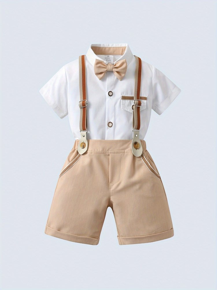 Traje de niño, traje de short crema, camisa blanca con detalles en crema, tirante raya crema y café, corbatín crema