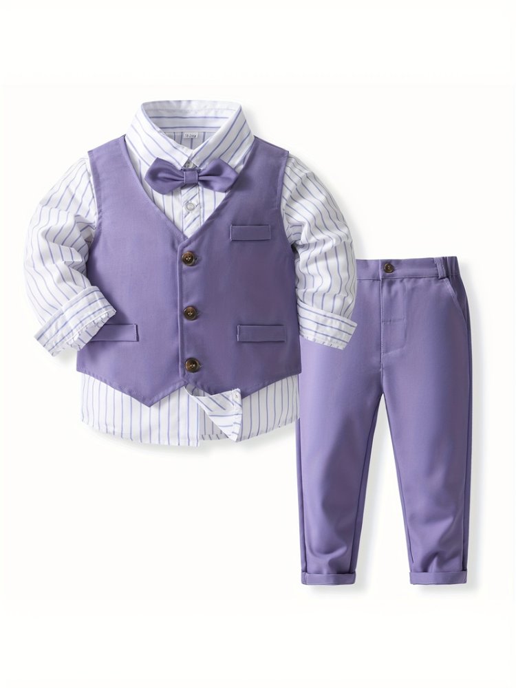 Traje de niño, traje de pantalón y chaleco lila, camisa blanca manga larga con rayas lilas, corbatín lila