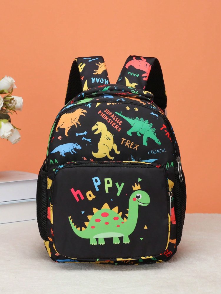 Mochila negra con figuras de dinosaurios y letras HAPPY