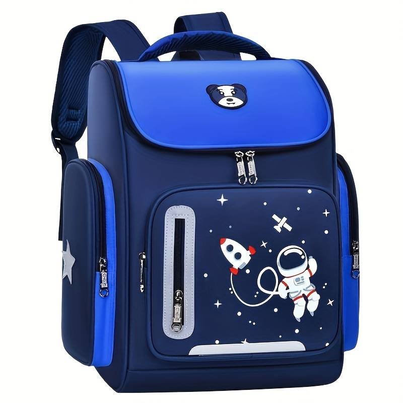 Mochila de astronauta color azul dos tonos y zíper parte adelante y bolsillos en los costados, de 16 pulgada
