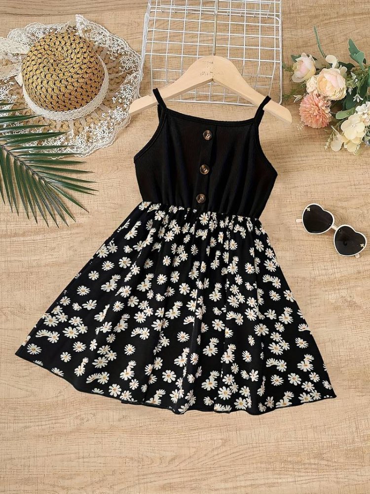Vestido de niña, vestido parte superior negro de tirante con estampado de flores en la parte inferior, vestido casual