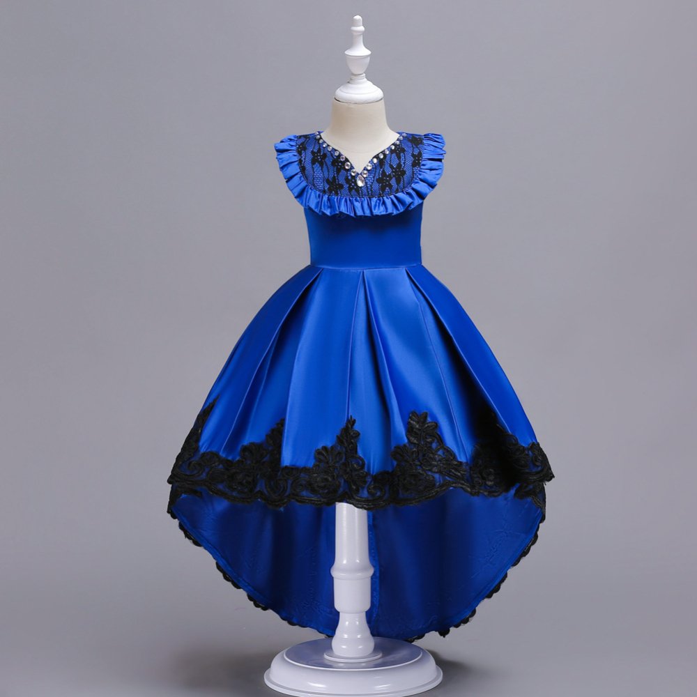Vestido de niña, vestido azul con encaje negro en la parte de abajo y estilo cola