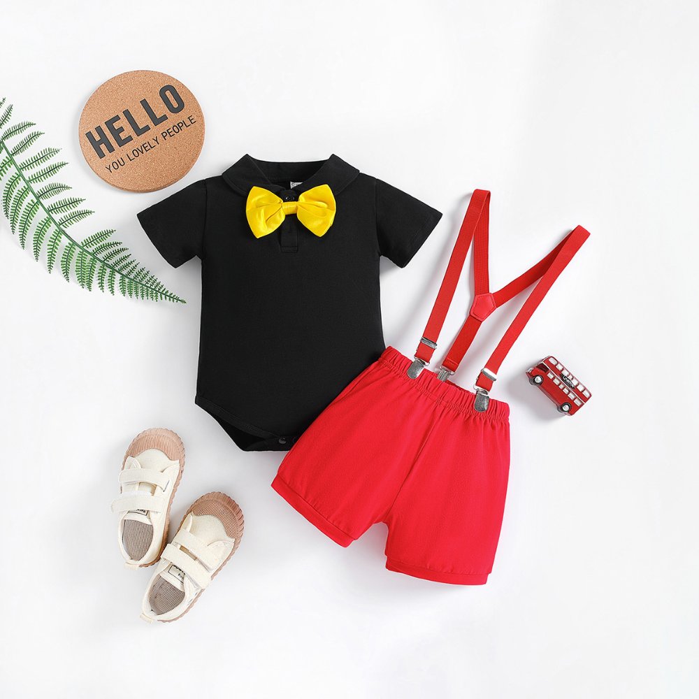 Traje de niño, traje de short rojo, mameluco negro de manga corta, tirante rojo y corbatín amarillo