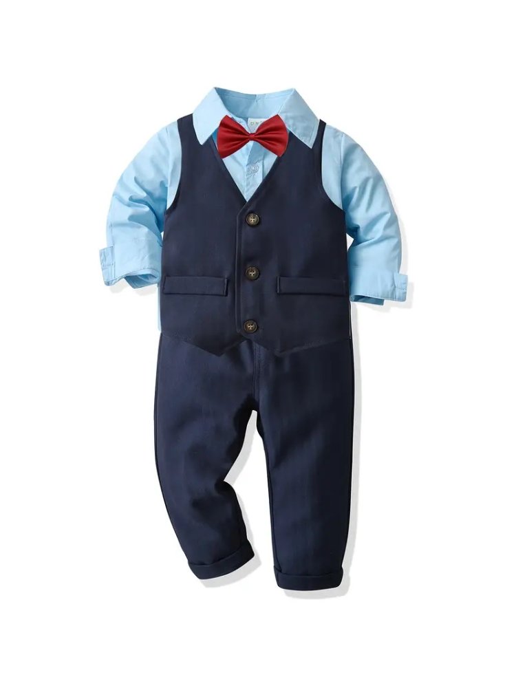 Traje de niño, traje de pantalón y chaleco azul, camisa celeste y corbatín rojo