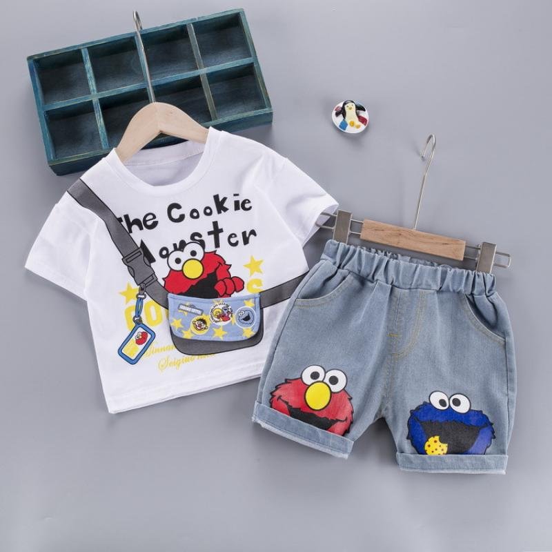 Traje de niño, traje de short jeans, camiseta blanca con figura