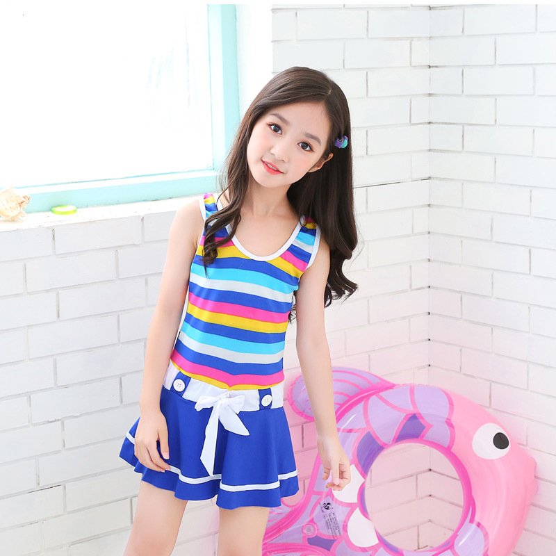 Traje de baño de niña, una pieza, color azul con rayas de colores