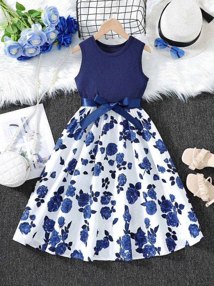 Vestido de niña, vestido azul con blanco y estampado floral, sin mangas con escote redondo