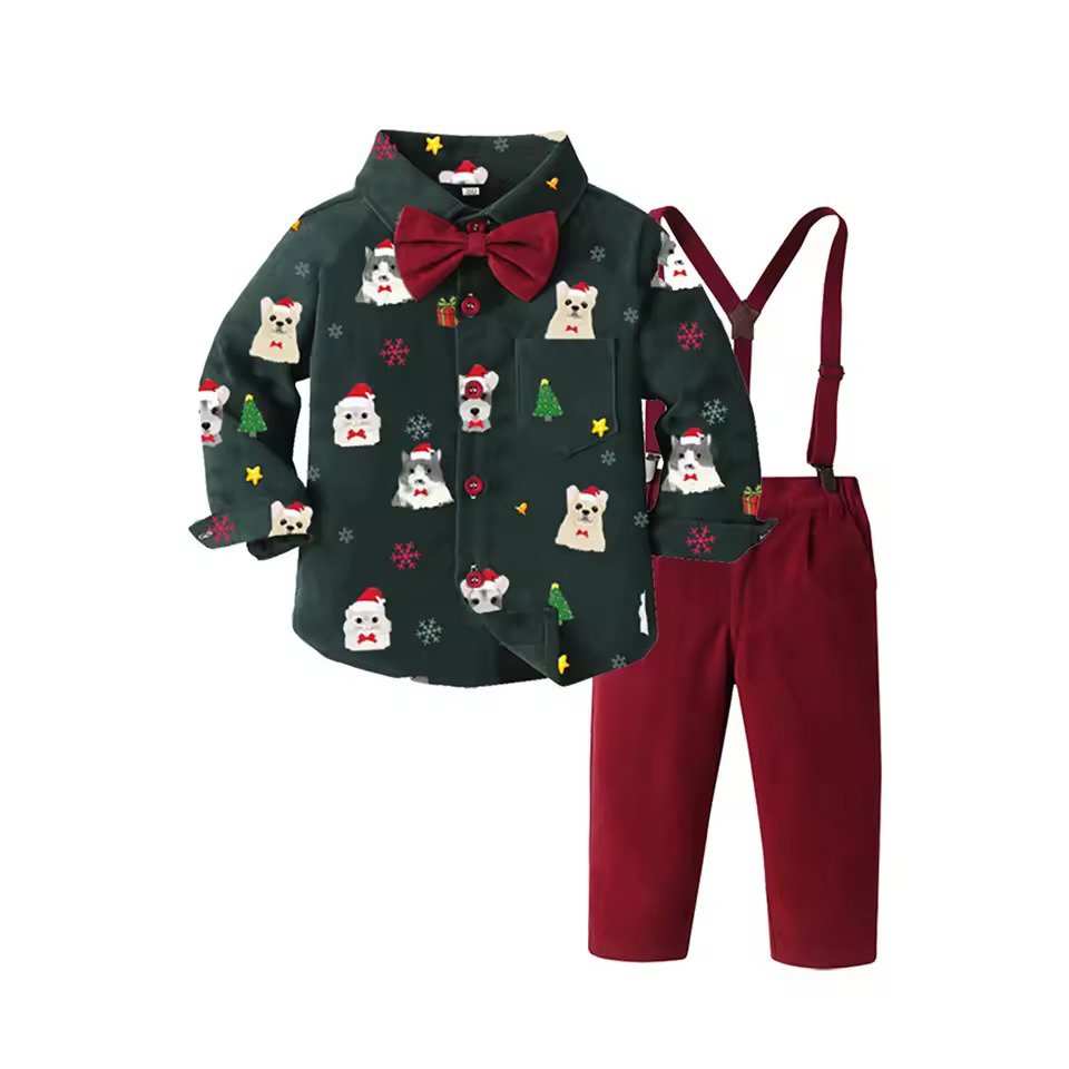 Traje de niño, traje de pantalón rojo, camisa verde con figuras navideñas, tirantes y corbatín rojo