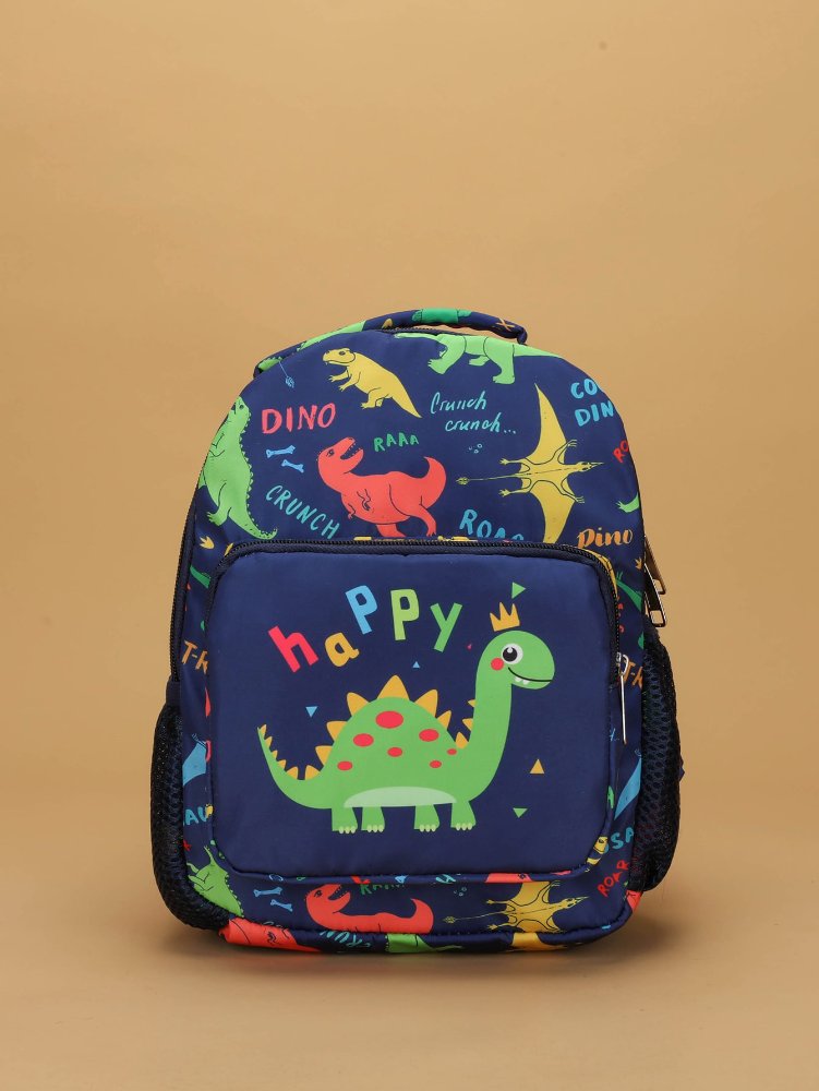 Mochila azul con figuras de dinosaurios y letras HAPPY