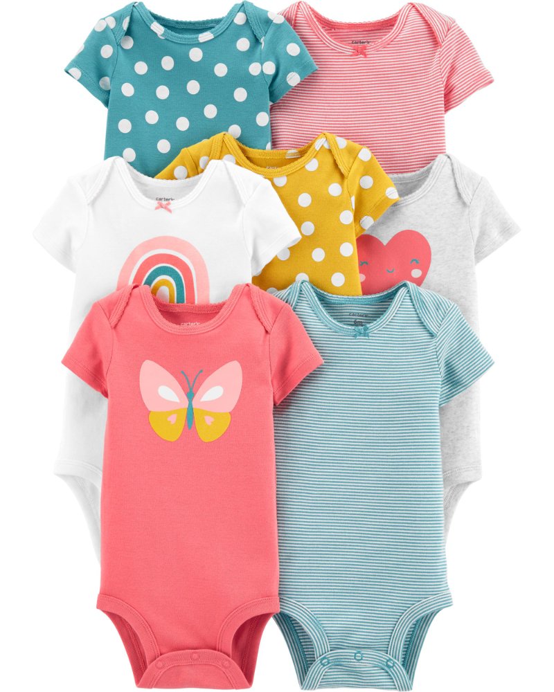 Set de mamelucos de niña, color rosado, celeste, blanco, gris, amarillo con diferentes dibujos de mariposa, corazón, arcoíris, rayados y puntos