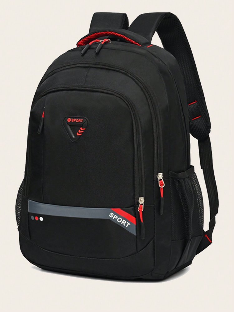 Mochila negra con detalles en rojo y gris