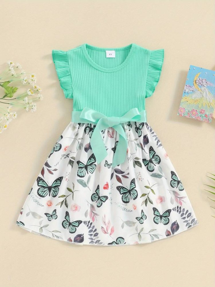 Vestido de niña, vestido parte superior verde menta con estampado de mariposa en la parte inferior, cinta en la cintura