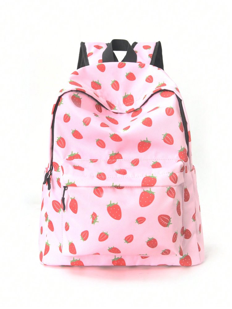 Mochila rosada y figuras de fresas