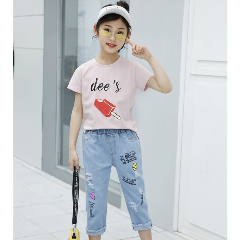 Traje de niña, traje de pantalón jeans con dibujos y letras, camiseta rosada con dibujo de paleta