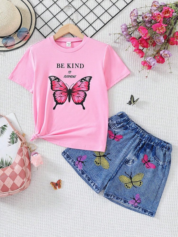 Traje de niña, traje de short jeans con figuras de mariposas, camiseta rosada con mariposa y BE KIND