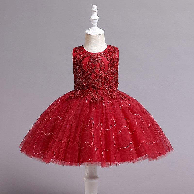 Vestido de niña, vestido rojo con detalles de flores y piedras