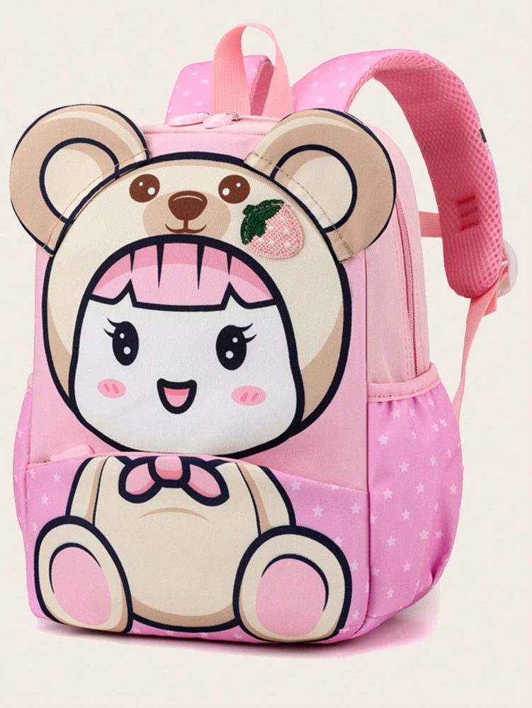 Mochila rosada con crema y dibujo de bebe vestida de osito