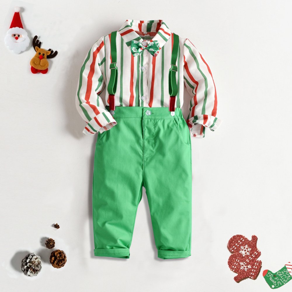 Traje de niño, traje de pantalón verde, camisa blanca con rayas rojas y verde y tirante y corbatín verde