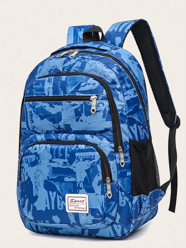 Mochila azul con figuras en celeste y detalle sport