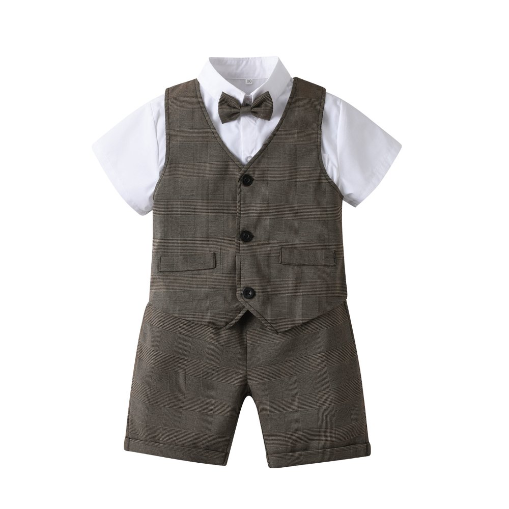 Traje de niño, traje de short, chaleco y corbatín cuadrado gris y camisa blanca manga corta