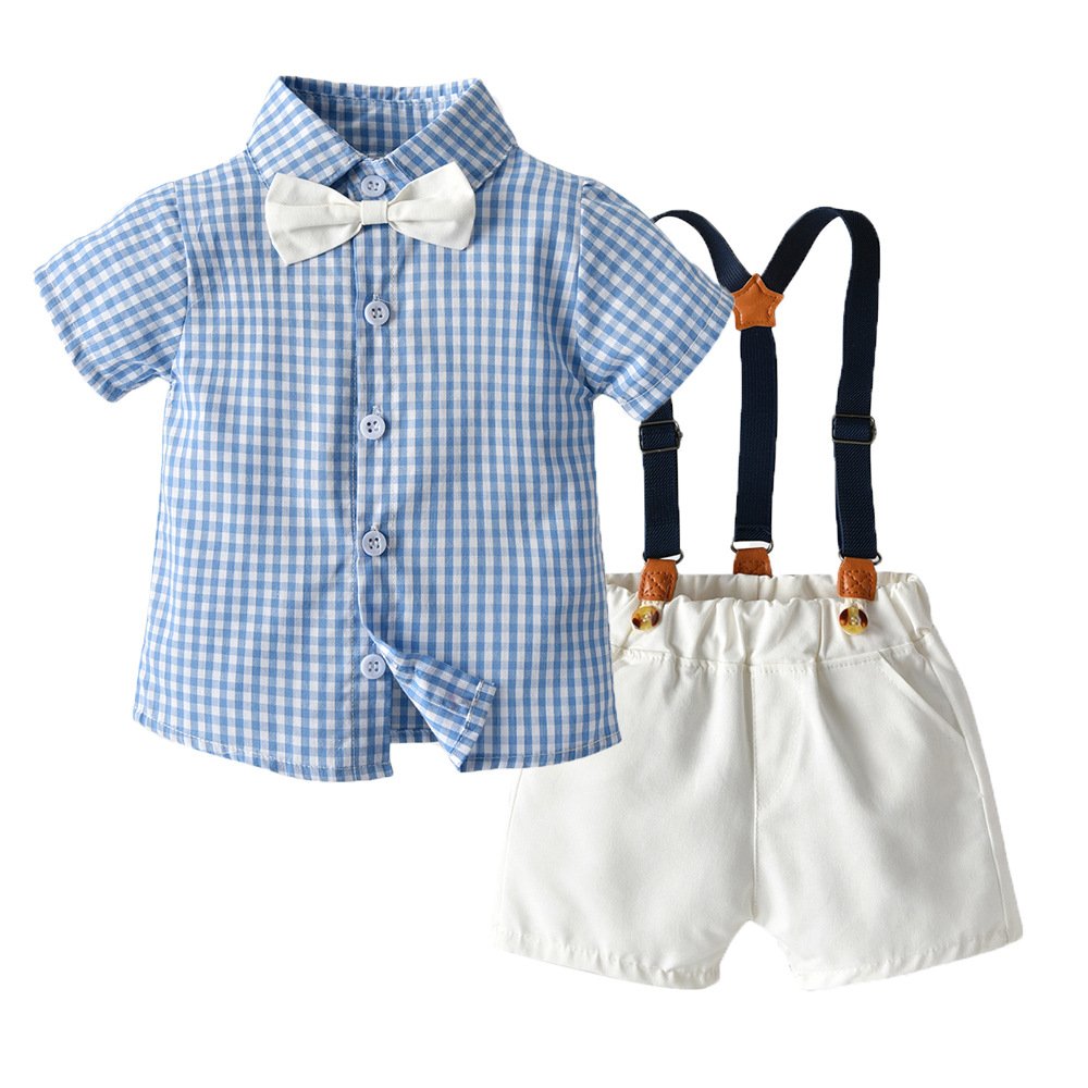 Traje de niño, traje de short y corbatín blanco, camisa celeste y tirante negro