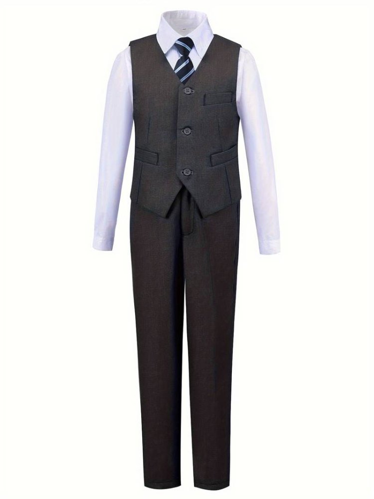 Traje de niño, traje de pantalón y chaleco negro, camisa blanca manga larga, corbata rayada azul con celeste