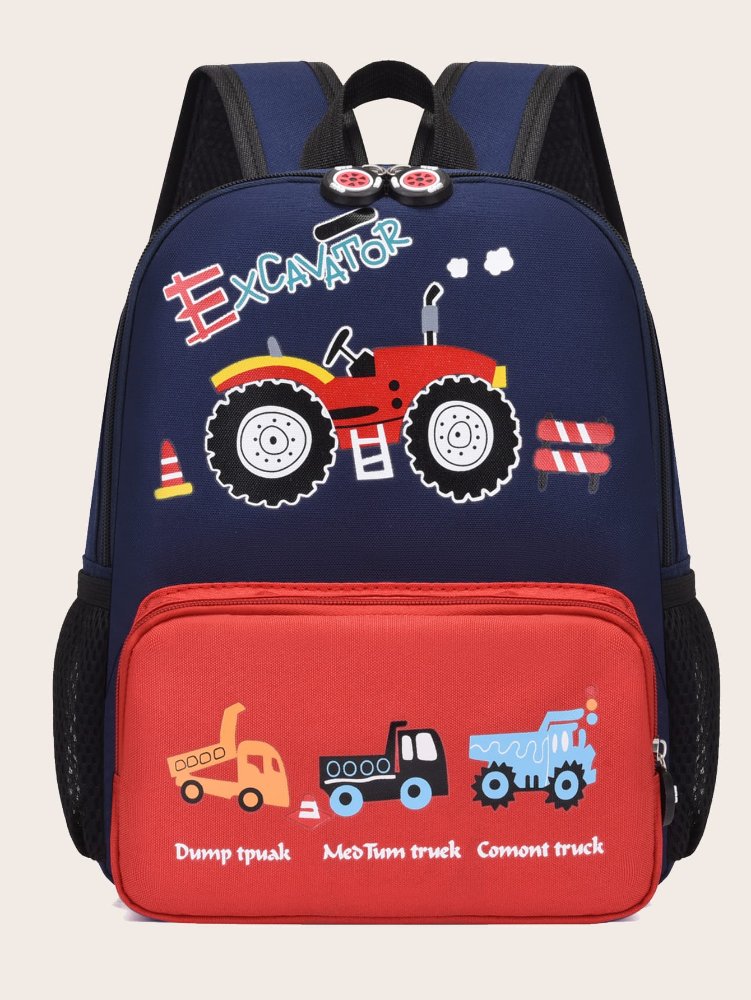 Mochila azul con rojo y figura de máquinas