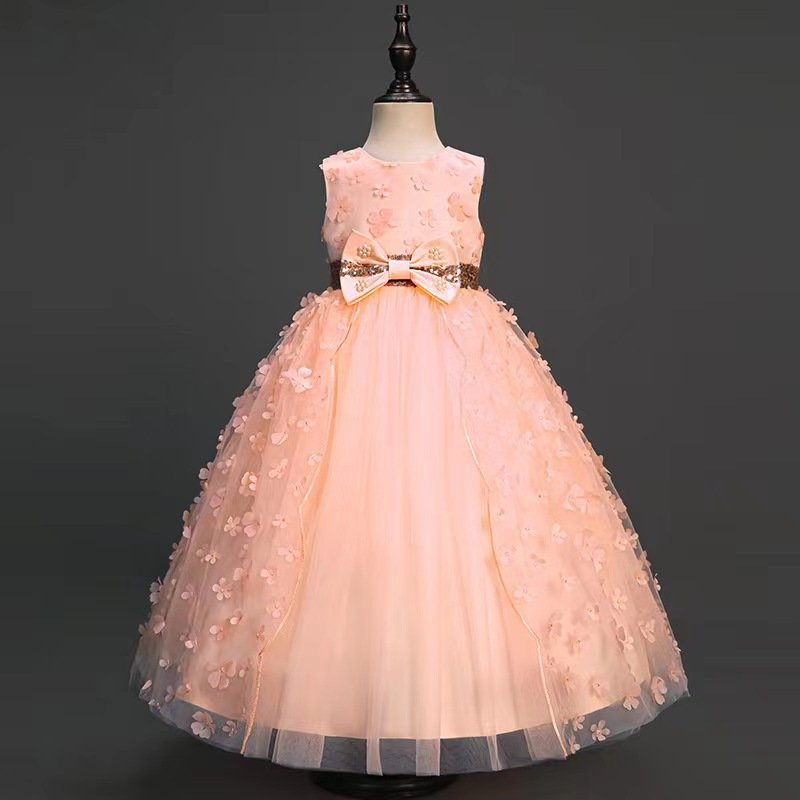 Vestido de niña, vestido mamón con detalles de flores, lazo con dorado en la cintura