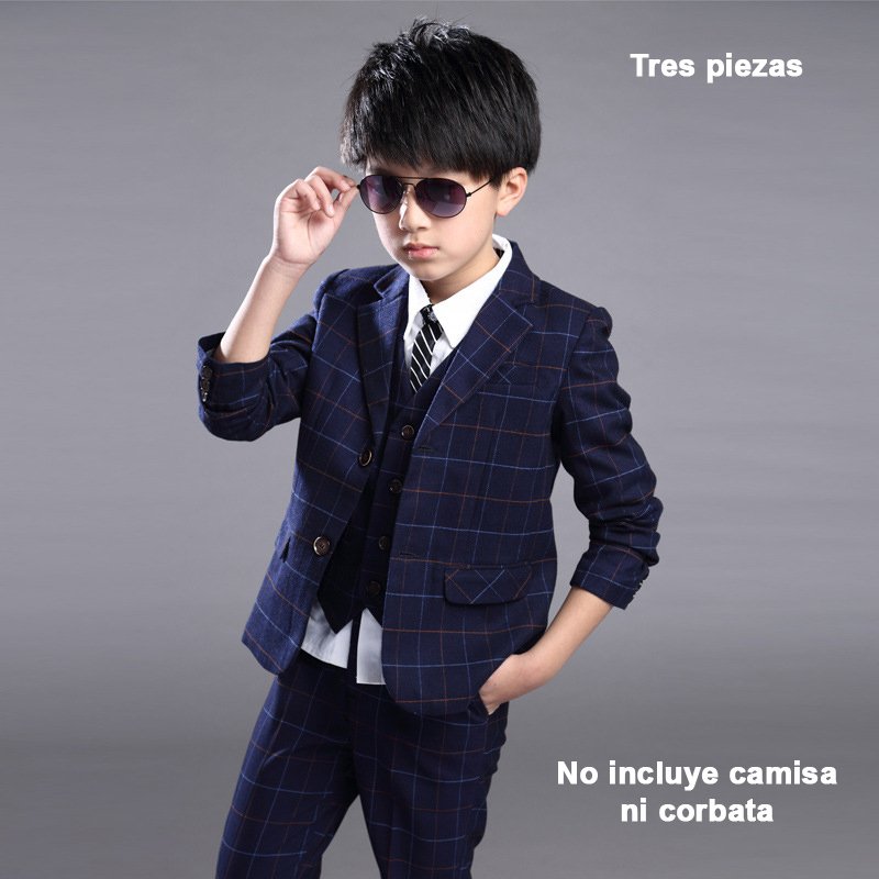 Traje de niño, traje formal saco, chaleco y pantalón azul a cuadro celeste y café corbatín gris
