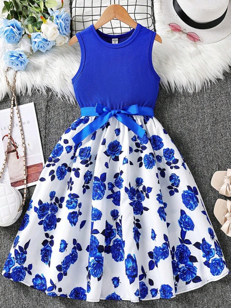 Vestido de niña, vestido azul eléctrico con blanco y estampado floral, sin mangas con escote redondo