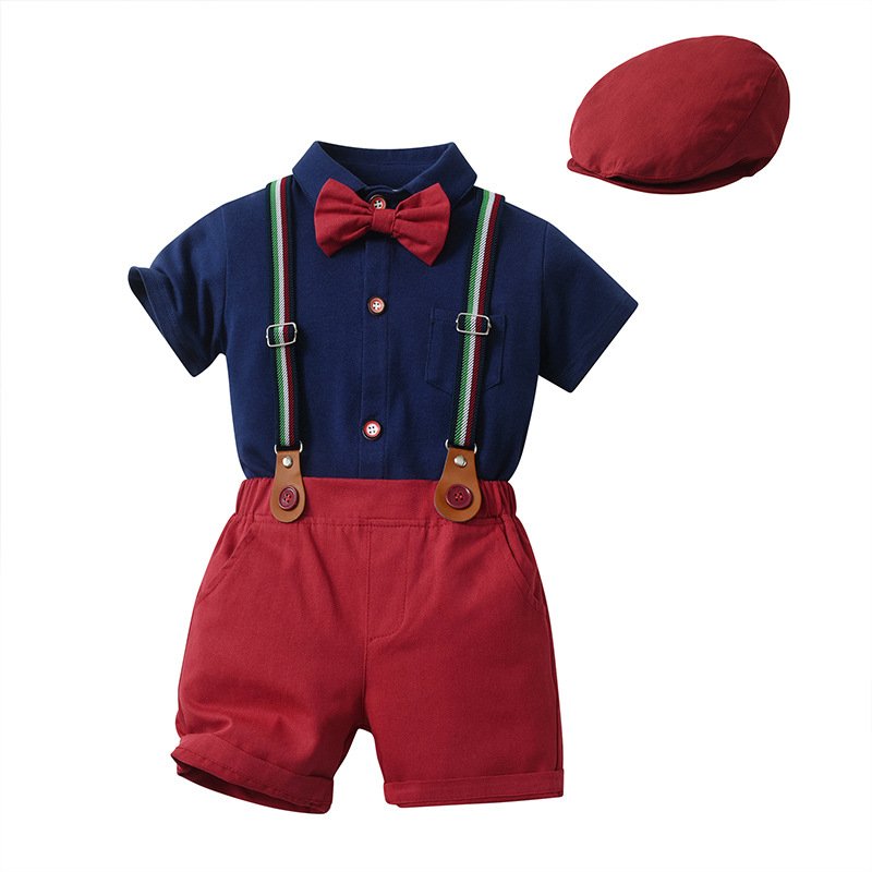 Traje de niño, traje de short, boina y corbatín rojo, camisa azul manga corta