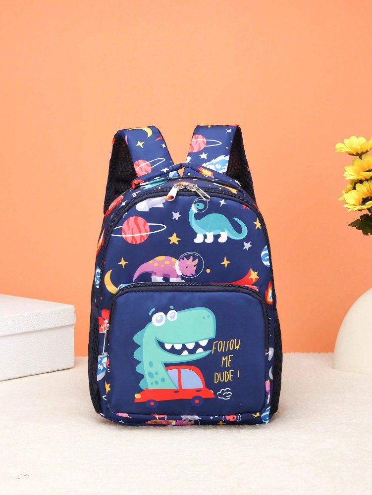 Mochila azul de dinosaurios en el espacio, mensaje: FOLLOW ME DUDE