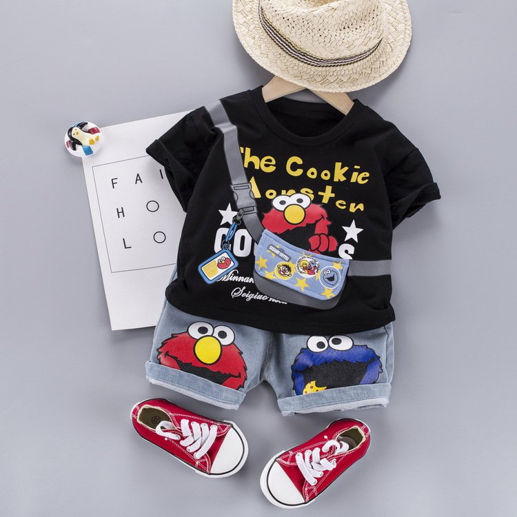 Traje de niño, traje de short jeans, camiseta negra con figura