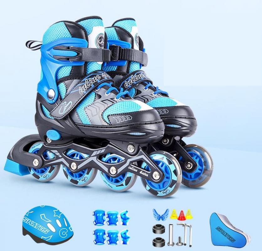 Patines celestes con negro con sus accesorios. Talla #31-34