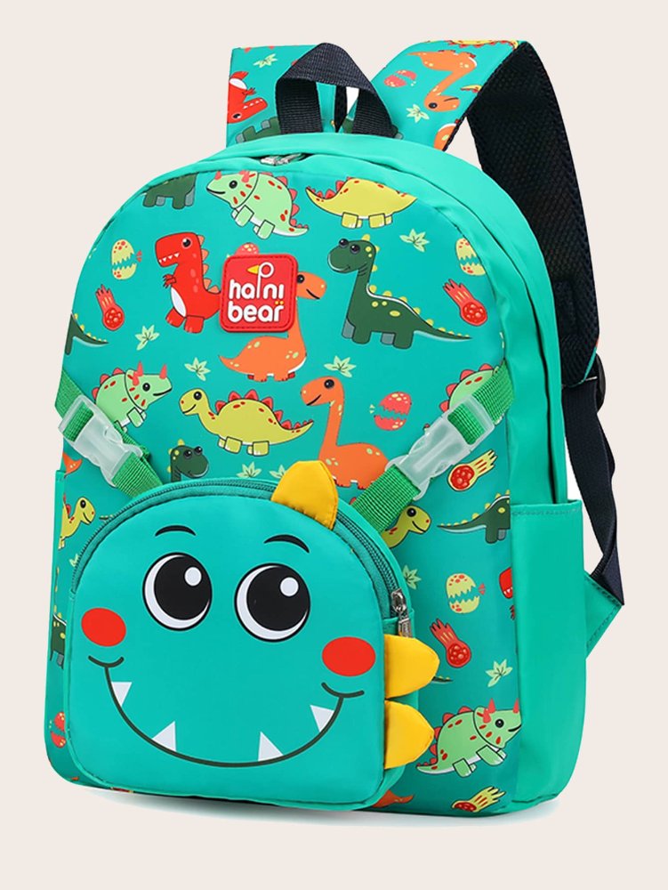 Mochila verde con figuras de dinosaurios y bolsillos en el costado