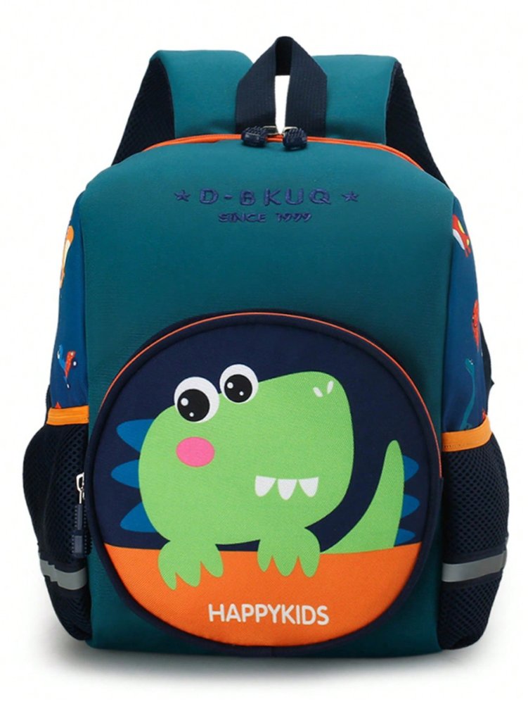 Mochila verde, con azul y naranja y dibujo de dinosaurio