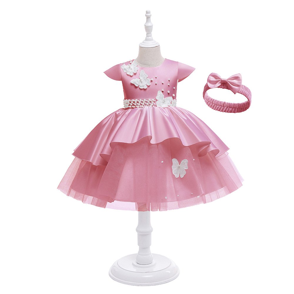 Vestido de niña, vestido rosado con detalles de mariposa y cintillo