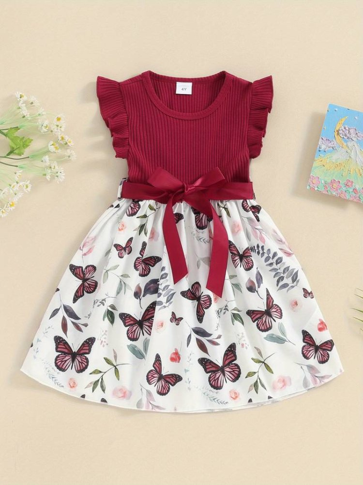 Vestido de niña, vestido parte superior rojo vino con estampado de mariposa en la parte inferior, cinta en la cintura